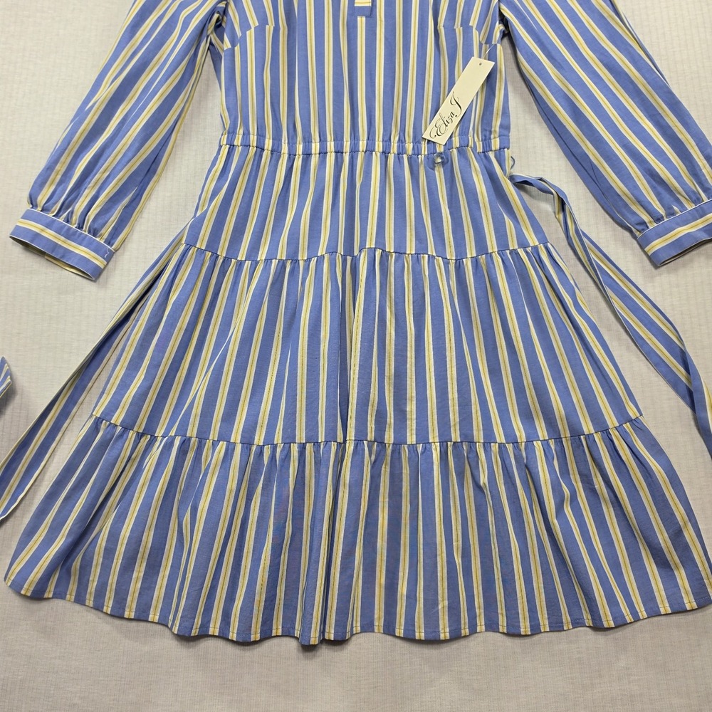 NWT Eliza J Blue Yellow Stripe Tiered Shirtdress Belt Pockets 4 Preppy Coastal - Picture 5 of 15